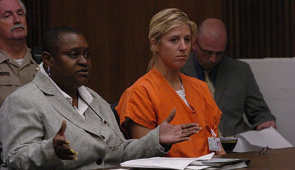 Sarah Dutra, right, with Sacramento attorney Cynthia Thomas in San Joaquin County Superior Court in September 2005.