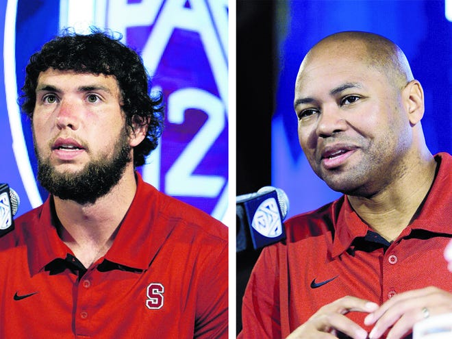 Left: Stanford quarterback Andrew Luck talks to reporters at the Pac-12 football media day in Los Angeles on Tuesday, July 26, 2011. Right: Stanford head coach David Shaw also talks to reporters at media day.