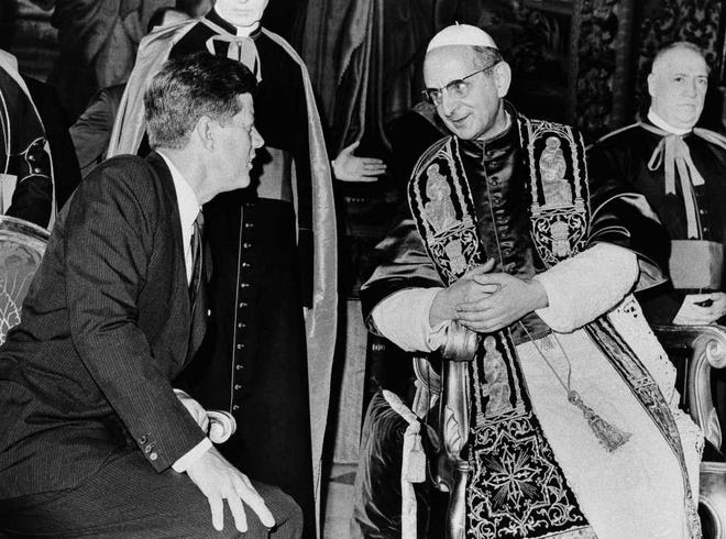 In 1978, Pope Paul VI died at Castel Gandolfo at age 80. Above, he sits with former President John F. Kennedy in 1963.