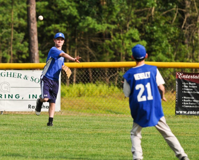 Chad Irvine throws the ball to Zach Wensley during the Raynham Cal Ripken all-star team practice. Photo by