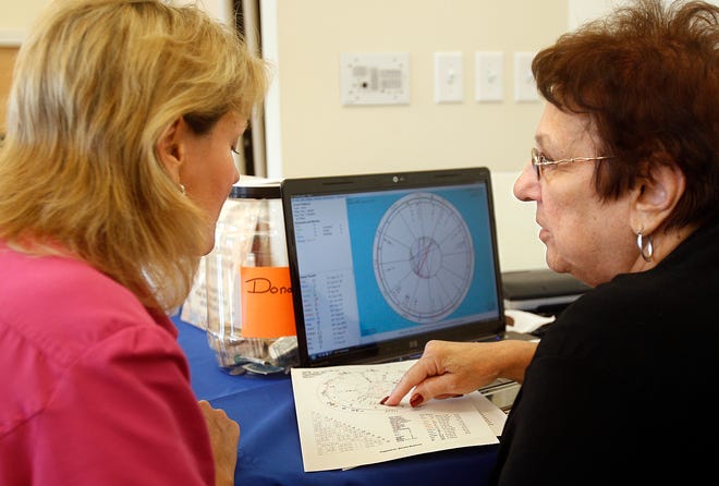 From Hudson Laura Svenningsen (left) gets an Astrology Reading from Beverly Beyloune during Saturday's Psychic Fair at the Senior Center in Hudson.