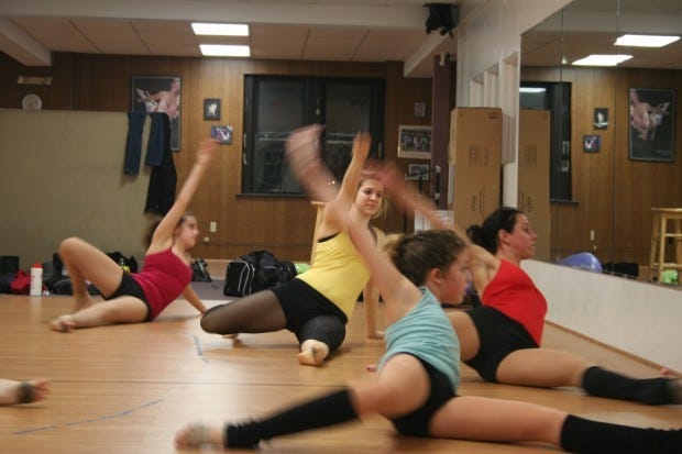 Shauna Dorwarth, far right, rehearses her students in a
lyrical/modern dance at her studio, Diamond Dance Academy, in
Ellwood City. Students, from left, are Maddie Weaver, 13, of New
Brighton; Maggie Dillon, 16, of Ellwood City; and Olivia Rombold,
15, of New Brighton.