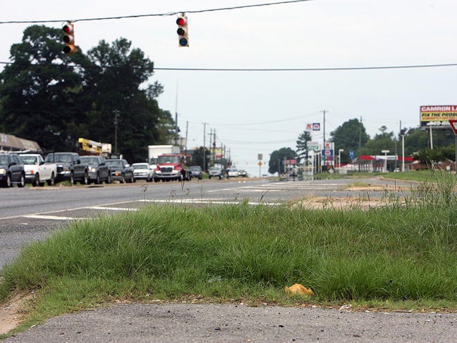 Overgrown grass and litter, above and below, sit along Lurleen Wallace Boulevard in Northport on Monday. Northport is holding a meeting tonight to identify areas that need improvement.