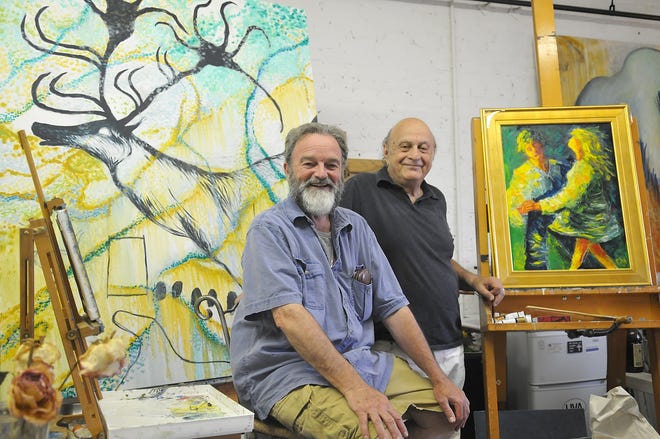 ND - 08/04/11 - Needham artists John Frederickson Arens, left, and Robert Weinstein are collaborating on a forthcoming show. (Staff Photo by Jim Walker)