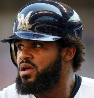 Milwaukee Brewers' Prince Fielder is shown during the baseball game against the Houston Astros on Sunday, July 31, 2011, in Milwaukee. (AP Photo/Jeffrey Phelps)