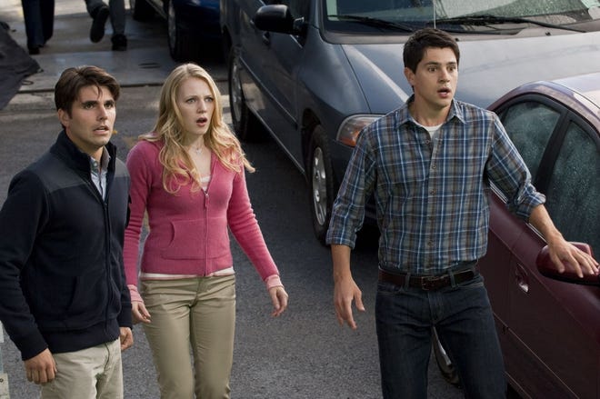 From left, Miles Fisherr, Emma Bell, and Nicholas D'Agosto as Sam in "Final Destination 5."