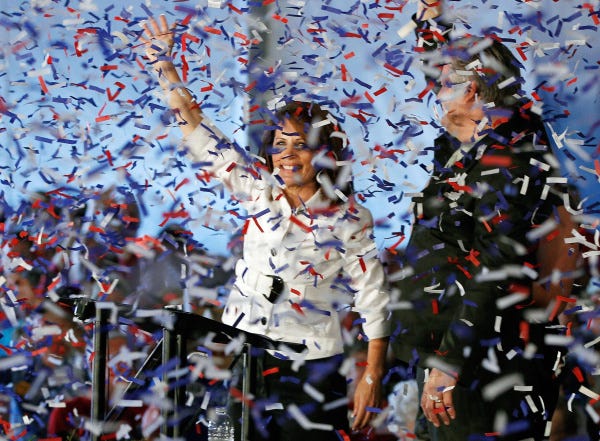 Confetti blankets presidential hopeful Michele Bachmann, a GOP representative from Minnesota.