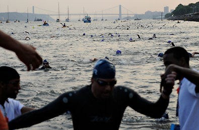 Participants of the 8th Annual Nautica New York City Triathlon had to swim 1500 meters in the Hudson River for the first leg of the race.