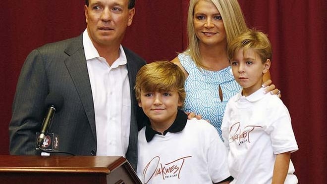 FSU head coach Jimbo Fisher, shown with his wife, Candi, and sons Trey and Ethan (right) during a news conference on August 5, 2011 in Tallahassee. The conference was to announce the rare disease afflicting their youngest son, Ethan. The Fishers also anounced the creation of a new national fund to fuel the quest for a cure for Fanconi anemia, a rare life-threatening disorder.