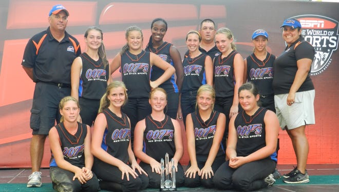 The Red Stick Sports 007’s 12U team won the USSSA World Championship in Orlando, Florida. Shown from left, front row are: Taylor Tidwell, Madison Watson, Taylor Trabeaux, Mackenzie Andrews and Kourtney Gremillion; back row: Coach Noel Bonky King, Abbey Andermann, Mckenzie King, Rae’shaun Malancon, Toni Perrin, Coach Paul Dufour, Callie Roddy, Katelynn Mckenzie and Head Coach Nicole Patino Dufour.