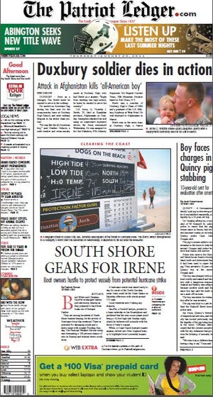 The Patriot Ledger front page for Thursday, Aug. 25, 2011.