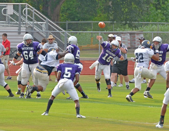 Dutchtown quarterback Mason Nickens fires a pass during a recent scrimmage. The Griffins will be among the Ascension Parish teams on display tonight in the annual jamboree.