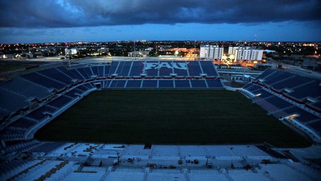 File photo: FAU stadium before Head football coach Howard Schnellenberger and Mary Jane Saunders, president of FAU, flip the switch turning on the lights for the first time at the football stadium.