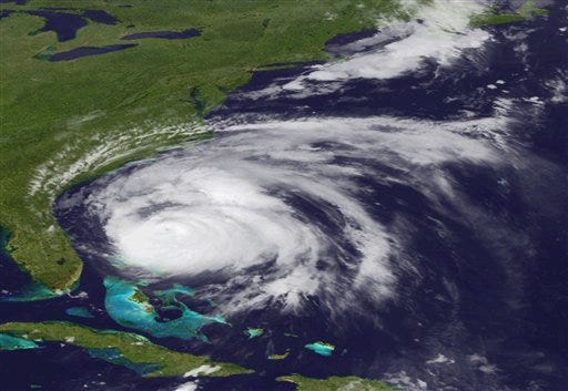 An image provided by NOAA is an Aug. 26, 2011 view of Hurricane Irene made by the GOES-east satellite. The hurricane is projected to follow a path up the East Coast from North Carolina to Maine and into Canada.
