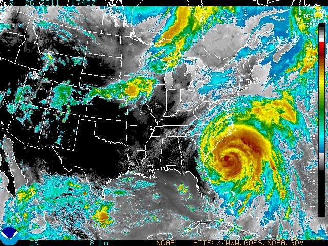An image of Hurricane Irene's most recent position over the mid-Atlantic ocean.