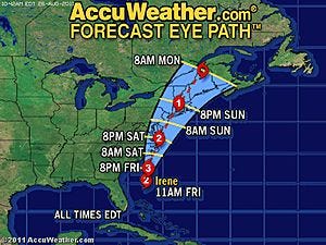 The Hurricane Irene timeline according to Accuweather.com has the storm hitting Massachusetts hard on Sunday.