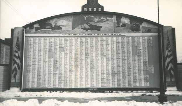 This large billboard stood in downtown Kewanee during World War II and listed Kewanee men and women serving in the armed forces. With American flags painted on each side, artwork across the top depicted the Navy, Air Force and Army. This apparently winter photo was taken by Josephine Johnson, mother of the Star Courier’s Dave Clarke. Her future husband, Harold Clarke, who she had not yet met, was serving in the Army overseas. The WW II billboard served the same purpose of recognizing men and women while they served as the War on Terror sign which has stood in Veteran’s Park.