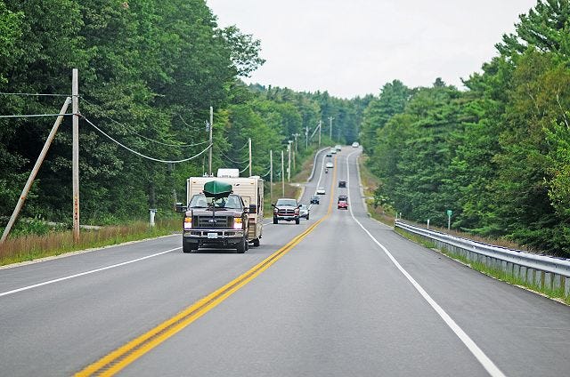 Monika O'Clair/Citizen photo Route 16 southbound traffic Saturday afternoon mimicked that of a usual Sunday evening commute as weekenders head home early from the Lakes Region of NH to avoid storm weather from Hurricane Irene.