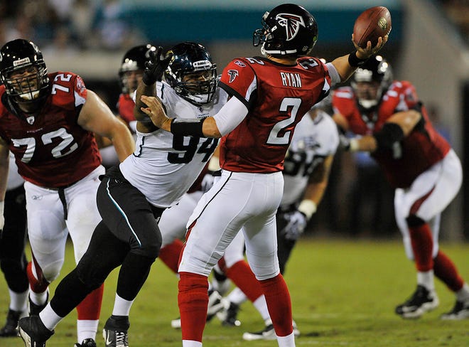 Jaguars defensive end Jeremy Mincey lunges for Atlanta Falcons quarterback Matt Ryan at EverBank Field on Aug. 19.