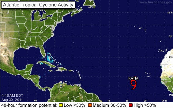 Newly formed Tropical Storm Katia is moving quickly across the tropical Atlantic.