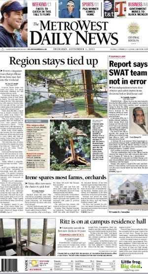 The front page of the 9/1/11 MetroWest Daily News.