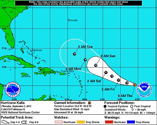 Hurricane Katia is now a Category 1 storm and could be a major hurricane by this weekend.
