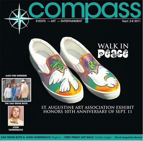 "Walk in Peace" art exhibit for all ages opens Sept. 2 and continues through Oct. 2 in the St. Augustine Art Association. Artwork depicting peace by Don Trousdell is on view and a shoe drive will be held to help local youth.