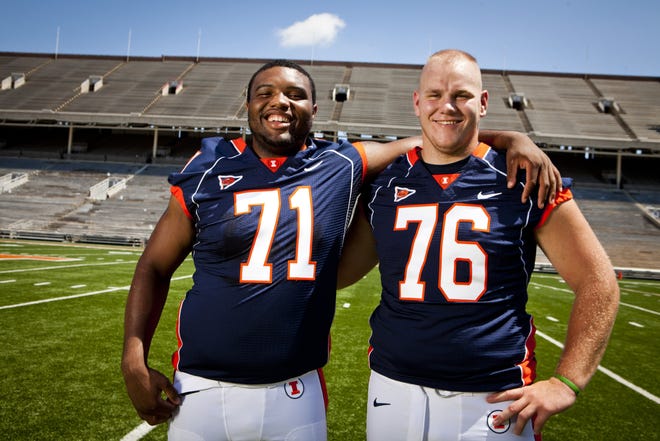 Illinois offensive lineman, senior Jeff Allen, left, and junior Graham Pocic, right, during the University of Illinois Football Media Day at Memorial Stadium in Champaign, Ill., Sunday, August 7, 2011. (Justin L. Fowler/The State Journal-Register)