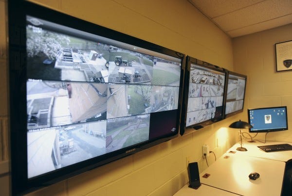 The Monaca Police department has a huge screen to monitor
various spots around the borough where security cameras are
located. The borough was able to install the cameras with the help
of a grant from the U.S. Department of Homeland Security.