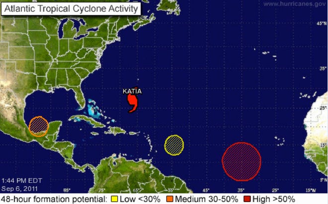 The National Hurricane Center provided this map Tuesday afternoon showing tropical systems and their chances of developing into a tropical cyclone within the next two days.