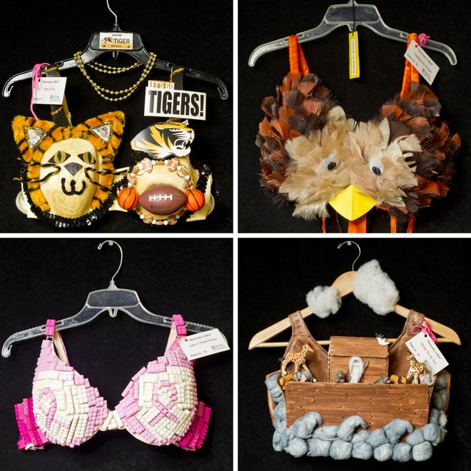 A reception for the third annual Artful Bra Contest will be held Oct. 5. Entries from last year include, clockwise from top left, “Tiger TaTas,” “Hooting for Hooters,” “Lego of Breast Cancer,” and “Saving Two by Two.”