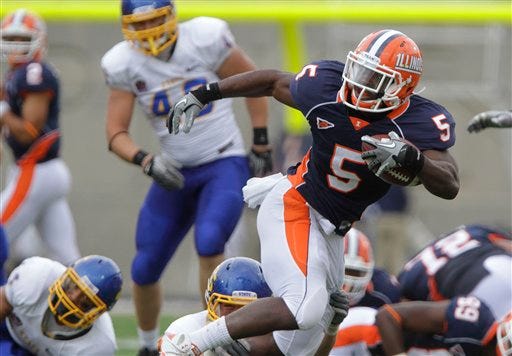 Illinois' freshman running back Donovonn Young (5) runs with the ball against South Dakota State during the first half of the NCAA college football game in Champaign, Ill., Saturday, Sept. 10, 2011. Illinois defeated South Dakota State 56-3. (AP Photo/Seth Perlman)