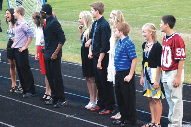 Homecoming court: From left, Seniors Hannah Schrader, Joe Stein, Danielle Shanine and Cameron Okeke, juniors Rachel Young and Nick Bjerke, sophomores Emily Griebel and Chris Wetzel and freshmen Peyton Curtin and Brandt Day.