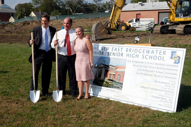 From left, State Rep. Geoff Diehl, state Sen. Brian Joyce and Executive Director of the Mass. School Building Authority Katherine Craven attend the official groundbreaking of the new East Bridgewater High School.