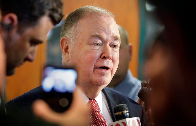 University of Oklahoma president David Boren answers questions from reporters after the OU regents voted to give him the authority to move the school to another conference, Monday, Sept. 19, 2011, in Tulsa, Okla. Boren said he is focused on either keeping the Sooners in the Big 12 or moving to the Pac-12. And while he said is not inevitable that Oklahoma will leave, he said the league must share television revenue equally among its members for the Sooners to stay. (AP Photo/Tulsa World, Michael Wyke) ORG XMIT: OKTUL109 KOD