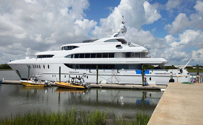The Harbour Island, a 180-foot yacht by Newcastle Marine, is docked in the San Sebastian River while Polaris Marine installs the ships electronics and wiring.