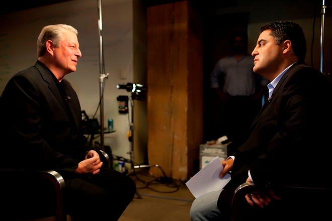 In this undated image released by Current TV, former Vice President and Current Chairman and co-founder Al Gore, left, speaks with Cent Uygur during an interview for Uygur's online show "The Young Turks," in San Francisco, Calif. The network announced Tuesday that Uygur's show will be added to their prime-time lineup later this year. (The Associated Press/Current TV)