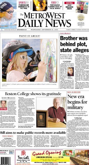 The front page of the 9/21/11 MetroWest Daily News.