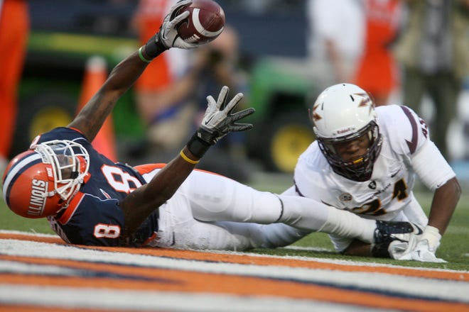 A.J. Jenkins reacts after positioning the fighting Illini within five yards of the goal as they battle the Arizona State Sun Devils at Memorial Stadium in Champaign Saturday, Sept. 17, 2011.