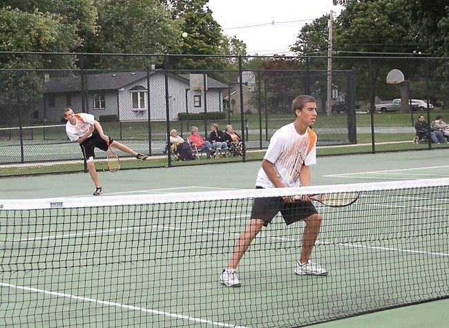 Sturgis’ No. 1 doubles team of Riley Wentzel (serving) and Stephen Miller were on the offensive Thursday afternoon, picking up a straight set victory. The duo has only lost twice all season.