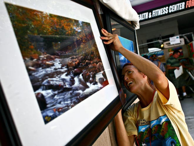 Jane Axman-Hyner, a Florida-based photographer, hangs up her work Saturday morning during the Thornebrook Art Festival, which featured local and national artist, music, food, and artist demonstrations.
