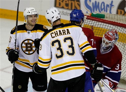 The Bruins' Daniel Paille, left, reacts after Zdeno Chara scored unassisted and short handed during the second period of the Bruins' 7-3 victory over Montreal on Sunday night in a preseason game in Halifax, Nova Scotia.