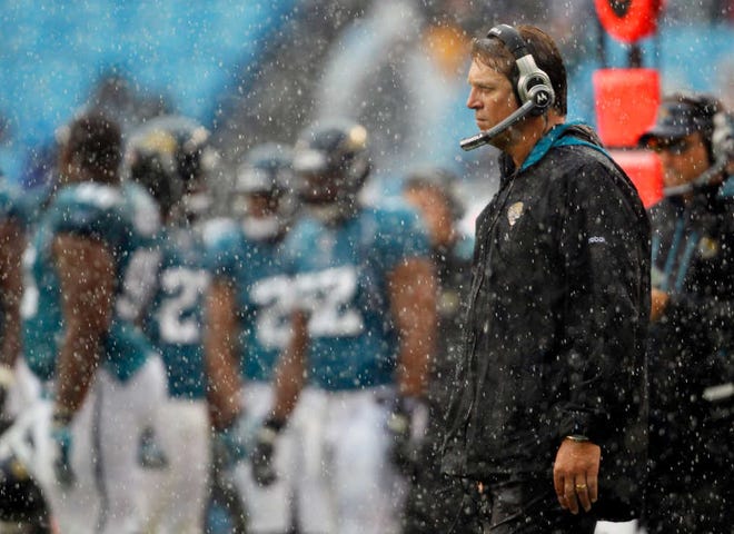 Jacksonville Jaguars head coach Jack Del Rio looks on in the pouring rain Sunday during the second quarter against the Carolina Panthers.