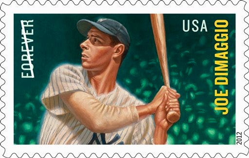 This undated handout image provided by the US Postal Service shows a forever stamp featuring baseball hall-of-famer Joe DiMaggio of the New York Yankees, part of the Major League Baseball All Stars" commemorative Forever stamps set, that will be released in July 2012. (AP Photo/USPS)