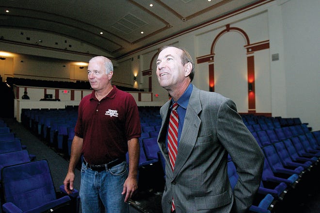 Photo by Tracy Klimek/New Jersey Herald 
Paul Larena, owner of the Newton Theatre on Spring Street in Newton, left, gives Rep. Scott Garrett a tour of the newly renovated theater Wednesday.
