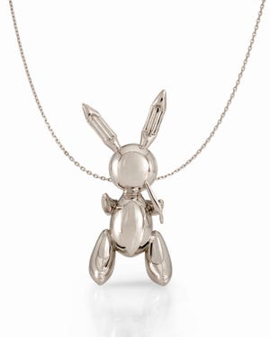 This undated photo of a pendant called “Rabbit Necklace” by artist Jeff Koons was released by the Museum of Arts and Design in New York on Tuesday. Culled from private collections, the show of artist-made jewelry pieces features jewelry by 135 artists, including masters George Braque, Max Ernst, Alexander Calder, Salvador Dali and Man Ray, modern artists Arman, Cesar, Robert Rauschenberg, Louise Nevelson and contemporary artists John Chamberlain and Anish Kapoor. The exhibition runs through Jan. 8, 2012. (The Associated Press/Museum of Arts and Design)