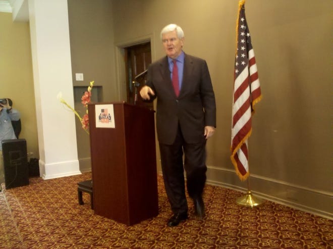 Republican presidential candidate Newt Gingrich talks politics
at the Moose in Doylestown on Tuesday.