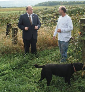 U.S. Rep Tom Reed talks with grape grower Jim Bedient at the edge of a vineyard of Niagaras that Bedient says are at their peak.