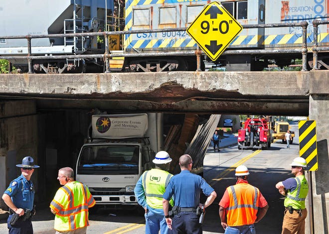 Richard Hamm/StaffPolice and CSX officials as a crew attempts to dislodge a stuck truck from below a railroad trestle on College Avenue between Ware Street and Cleveland Avenue on Wednesday, Oct. 5, 2011 in Athens, Ga. Several trucks a year become stuck under the trestle every year according to Police officials on the scene.