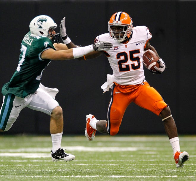 Syracuse wide receiver Jeremiah Kobena (25) runs with pressure from Tulane cornerback Alex Lauricella (17) during an NCAA college football game, Saturday, Oct. 8, 2011, in New Orleans. (AP Photo/The Times-Picayune, David Grunfeld) MAGS OUT; NO SALES; USA TODAY OUT